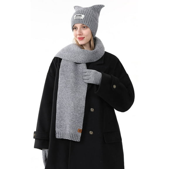 Xfvqtps Women Hat Scarf Glove Set Knit Square Hat Solid Color Touchscreen Winter Warm Stretchy Extended Beanie Neck Warmer Gloves Set Gray