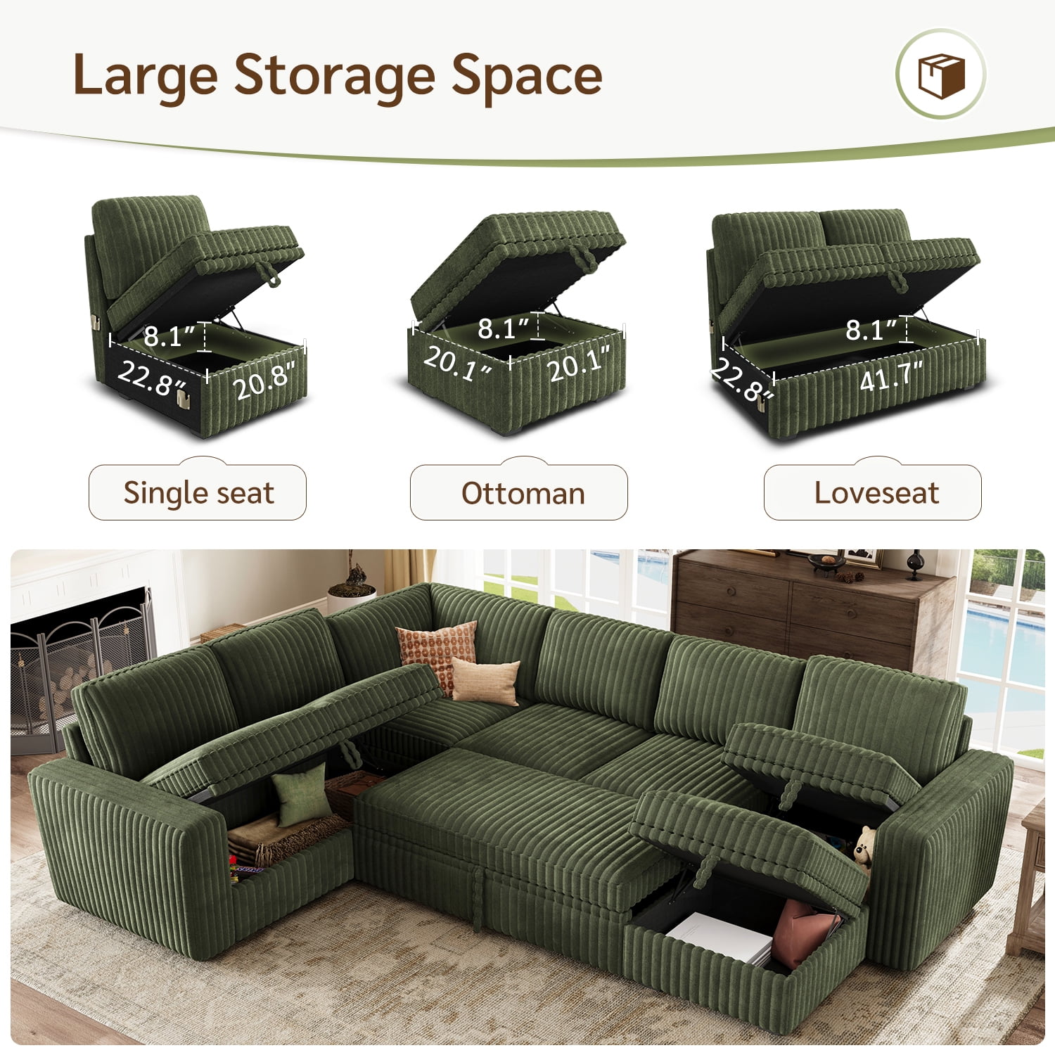 Marrber 106" U-Shaped Sectional Sleeper Sofa, 7-Seater Modular with Pull-Out Bed & Hidden Storage, Pet-Friendly Corduroy Fabric, Green