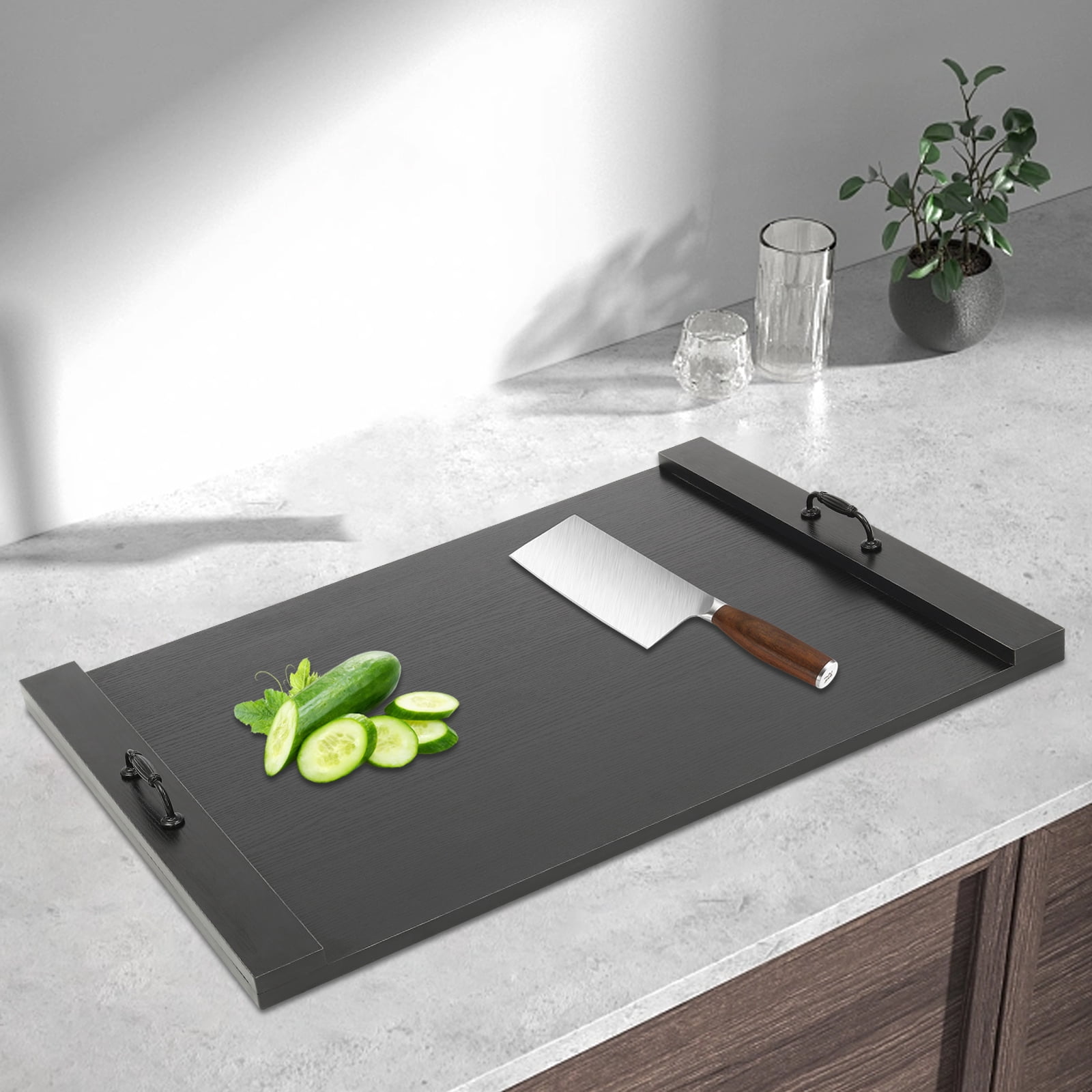Counter Space Top Cover Black Solid Wood Decorative Tray Stove Top Cover Multifunctional Noodle Board Stove Cover with Handles 30*22*2.5in Cooktop Cover for Electric Stove Gas Stove