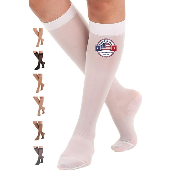 Made in USA - Compression Socks for Women Edema 15-20 mmHg - White, Small