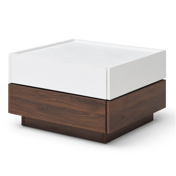 JERFIT Modern Swivel Top Coffee Table with Storage, 2-Tier Square End Table with 2 Drawers & Hidden Compartments for Living Room, White and Walnut Finish