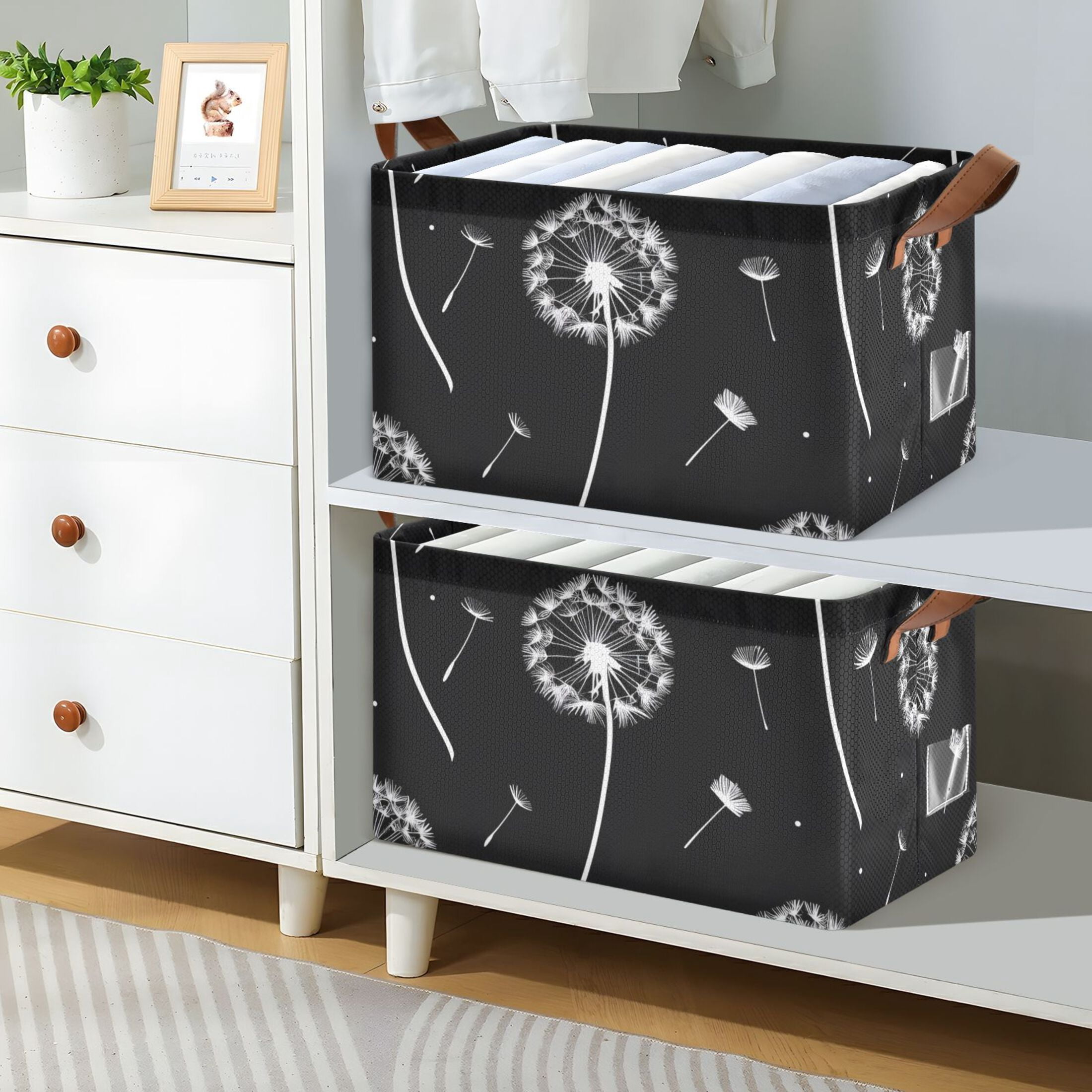 Ryvnso Dandelion on Black Storage Bins Large Basket Foldable Cube Toys Organizer with Handles 2 PCs
