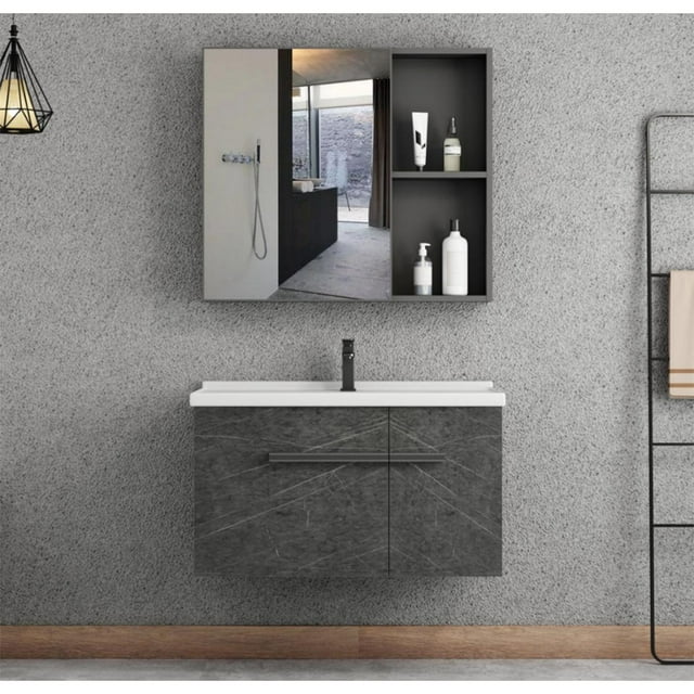 Set de gabinete para Baño Kronos Color Gris con Espejo, Lavabo de Cerámica y Grifería