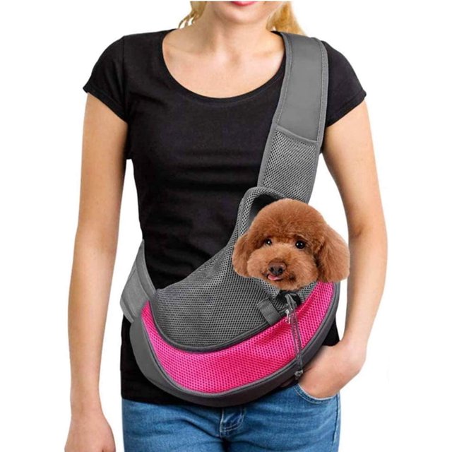 Rojo rosa - Bolsa de malla transpirable para perros y gatos, cachorro, correa para el hombro, bolso de mano ajustable, perro pequeño, L, Talla grande: Longitud total 37 cm, Longitud interior 29 cm, Al