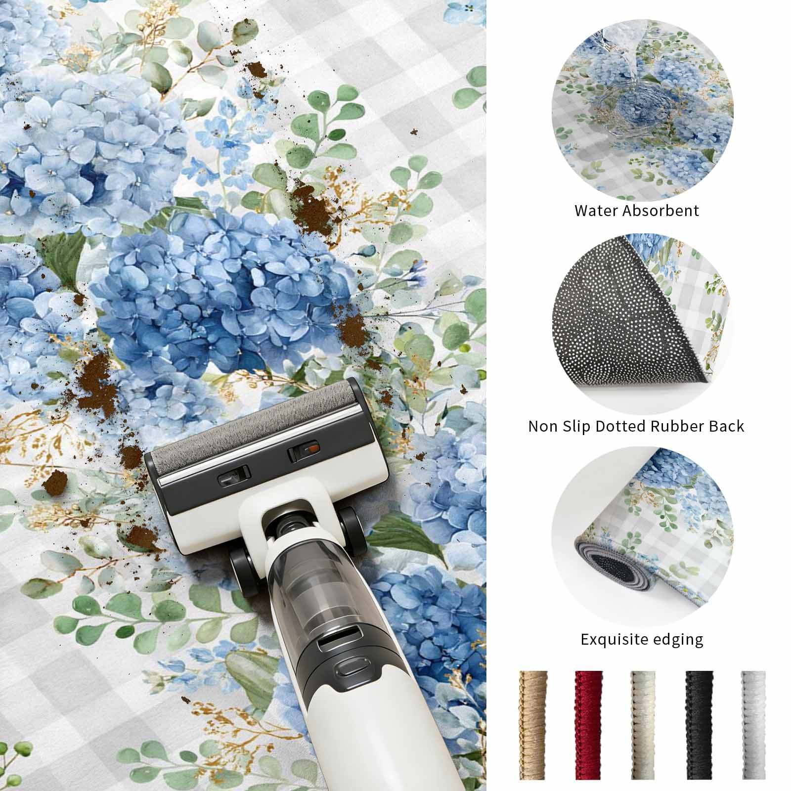 Blue Flower Rectangle Rug 5'x7' Summer Country Hydrangea Floral Grey Plaid Washable Area Rugs for Living Room Bedroom Entryway Non Slip&nbsp; Entrance Door Mat Indoor Floor Carpet