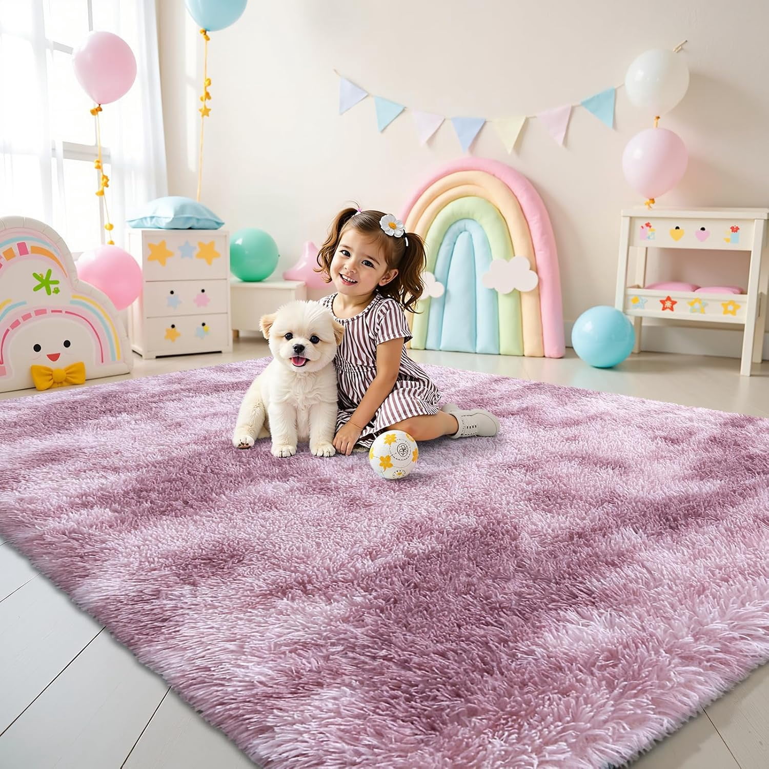 Buganda Soft Shag Area Rug, Washable Non-Slip Rug for Living Room Bedroom, Modern Decor Carpet, 5'X8', Dusty Pink