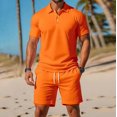 thumbnail image 2 of Men Solid 2 Piece Polo Short Set, Breathable Knit Short Sleeve Polo Shirt & Drawstring Shorts Summer Casual Outfit Orange XXL, 2 of 6