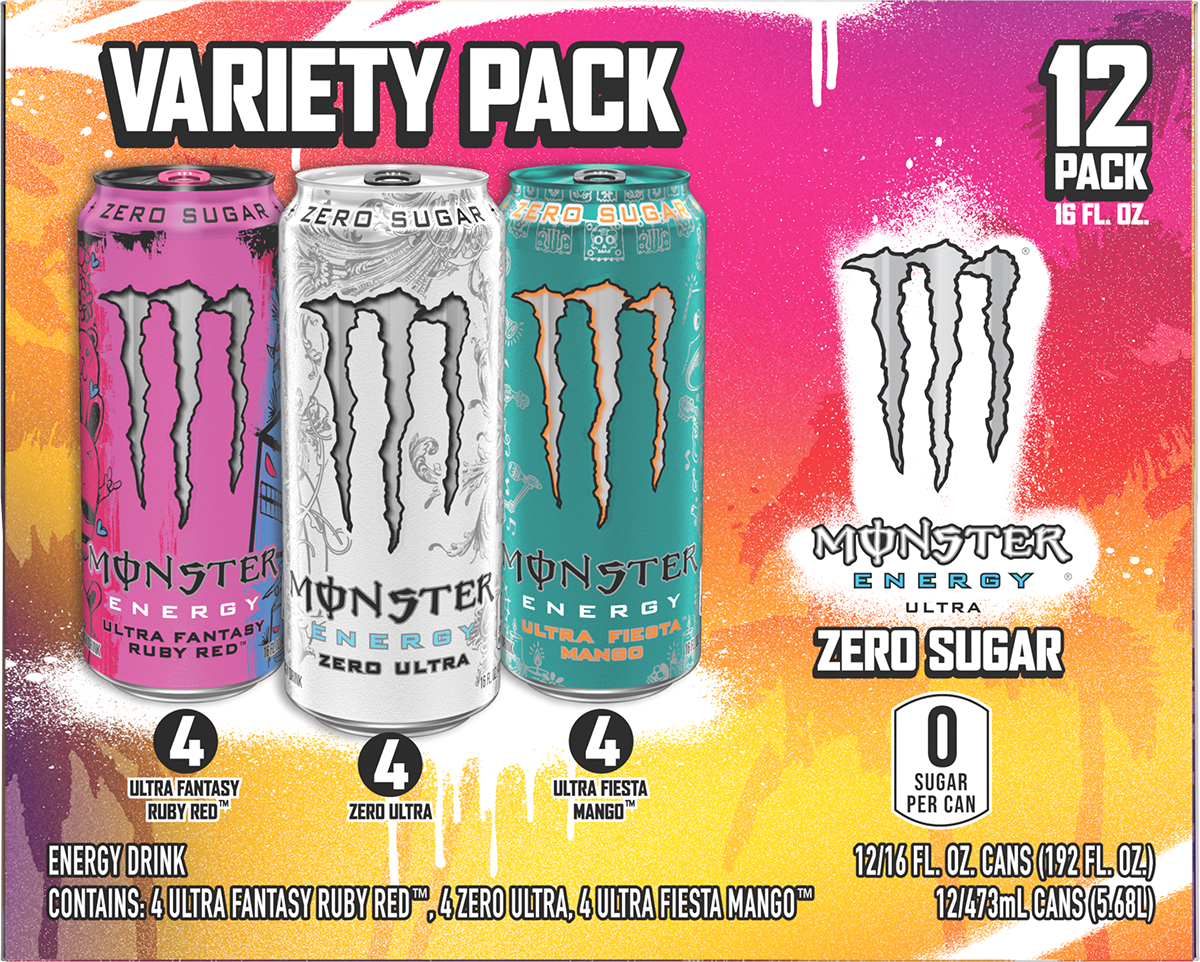 ( 12 Cans) Monster Energy, Ultra VP, Ultra Ruby Red, Zero Ultra, Ultra Fiesta, 16 fl oz, 12 Pack