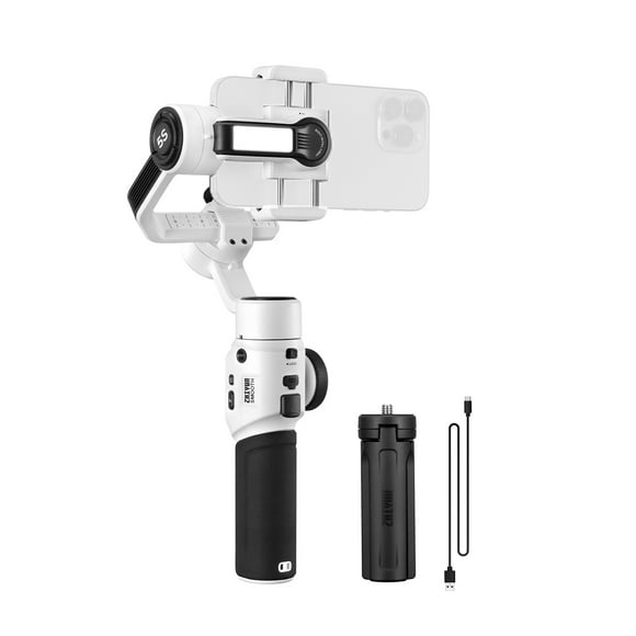 Zhiyun ZHIYUN SMOOTH-5S 3-Axis Smartphone Gimbal with Built-in Fill Light, 360° Pan & 349° Tilt/Roll, 2600mAh Battery, 5-6H Runtime, White/Grey Options, Includes Tripod & USB Cable