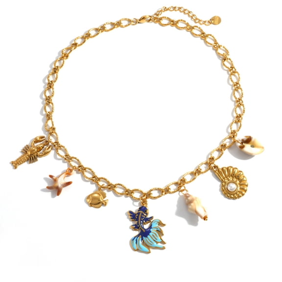 NICKSUN 18K Gold-Plated Stainless Steel Nautical Necklace with Mermaid Tail, Shell & Conch Charms - Waterproof Beach-Inspired Lockbone Jewelry for Women
