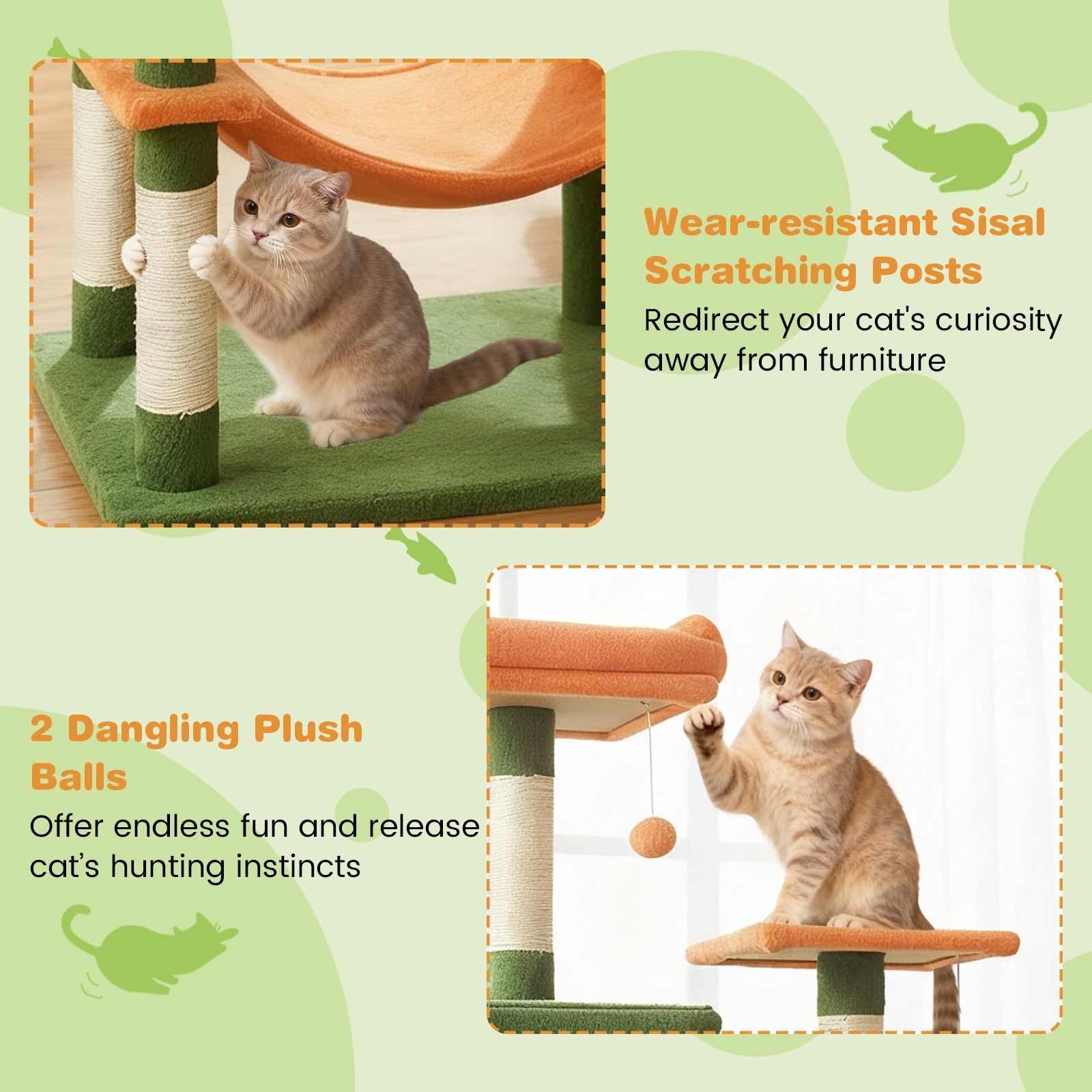 Costway 70” Cat Tree for Indoor Cats with Padded Top Perch, Dual Condos, Hammock, Platforms Green