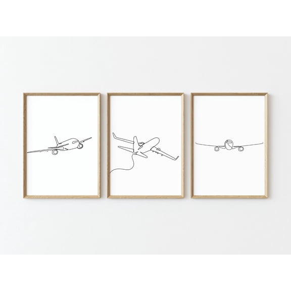 Airplane Aviation One Line Drawing Wall Art Set 3 Unframed Paper Print 8x12