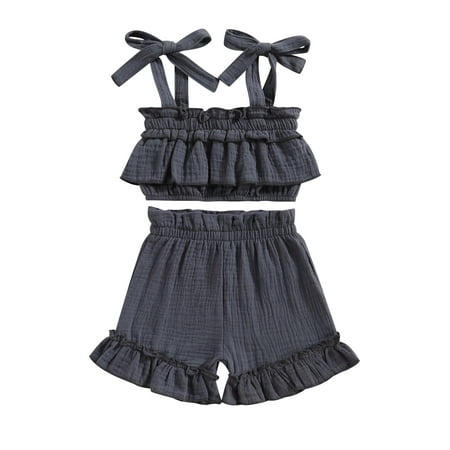 

Pudcoco Kid Summer Sets Tie-Up Straps Ruffles Sleeveless Sling Tank Tops Shorts