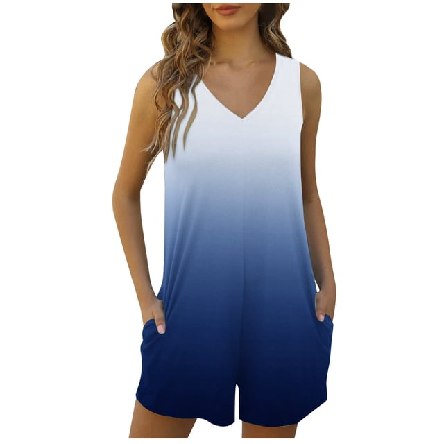 Summer Savings!wmjolc Sleeveless Rompers for Women 2024 V Neck Loose Cropped Jumpsuits Summer Cute Rompers Gradient Jumpsuit With Pocket