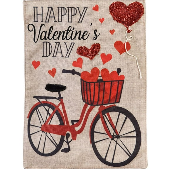 Evergreen Burlap Garden Flag - Valentine's Day Bicycle