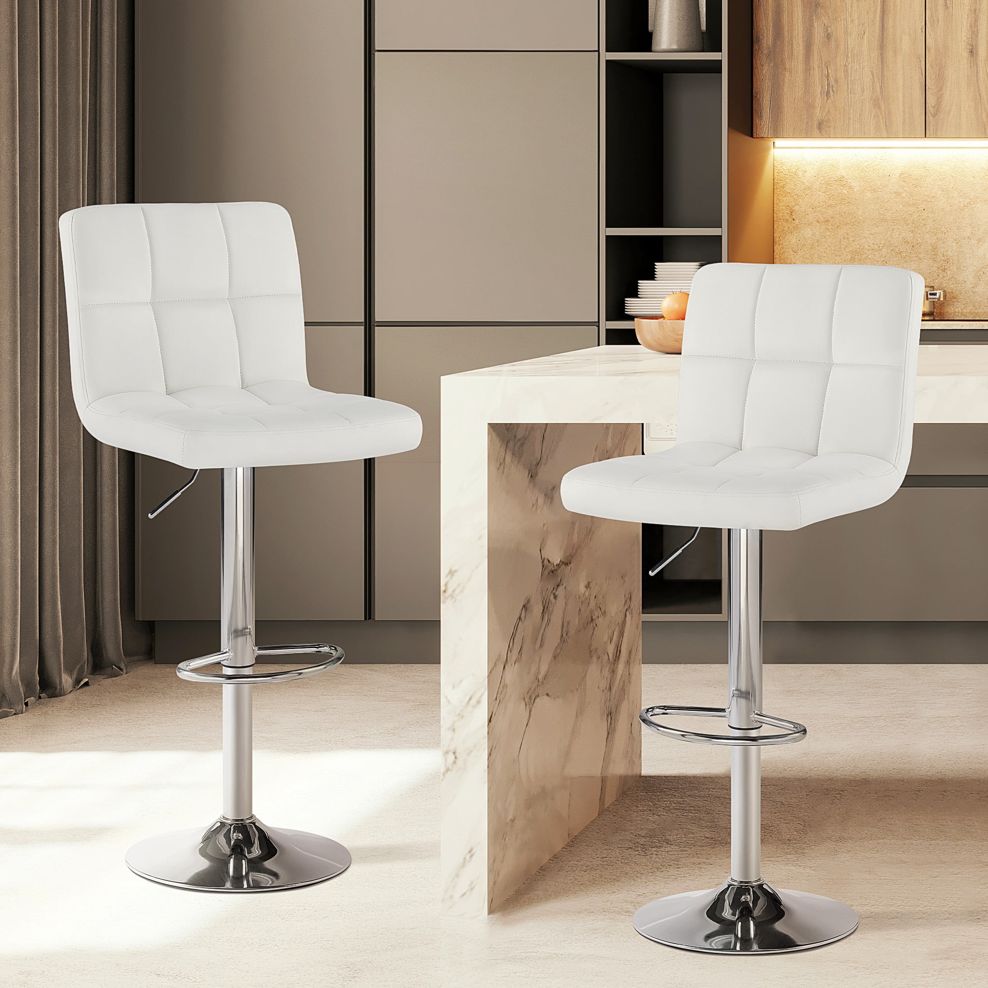 CONCETTA Set of 2 White Swivel Bar Stools, Adjustable PU Leather with Back & Footrest