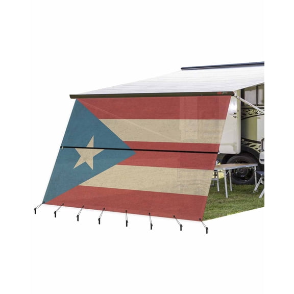 4th of July RV Awning Sun Shade Screen 9'X15.3' Puerto Rico Flag Mesh Sunscreen Patriotic Retro Wood Grain Awning Shade Screen with Zipper UV Blocker Completed Kits for RV Motorhome Camper Trailer