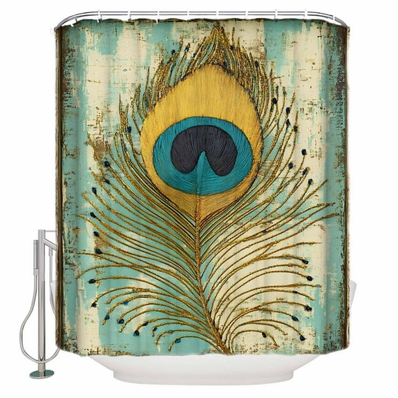 Small Stall Shower Curtain 36x78 Inch Narrow Half Size Teal Peacock Feathers Bath Curtains Bathroom Decor Retro Abstract Art Watercolor Waterproof Fabric Shower Curtain Set with Hooks 36 Inch