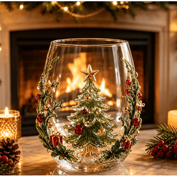 Magical Christmas 3D Glass Cup Jolly Santa Snowflake Design Stemless Holiday Drinkware for Hot Cocoa Cocktails Home Decor
