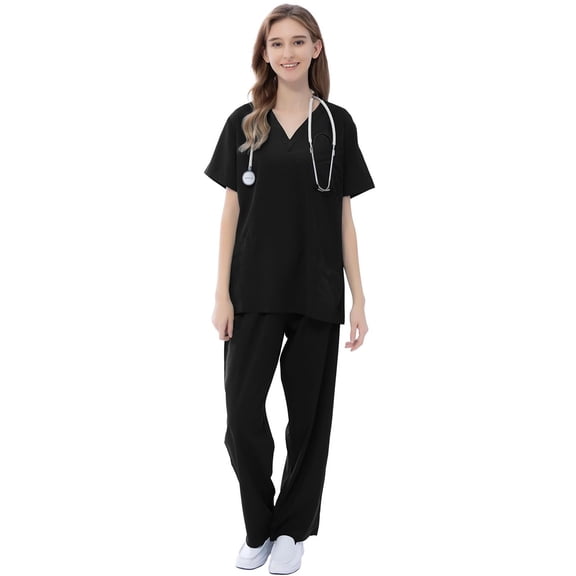 Scrubs Set for Women Medical Uniform–Stretch V-Neck Top & Straight Leg Pants with 9 Pockets