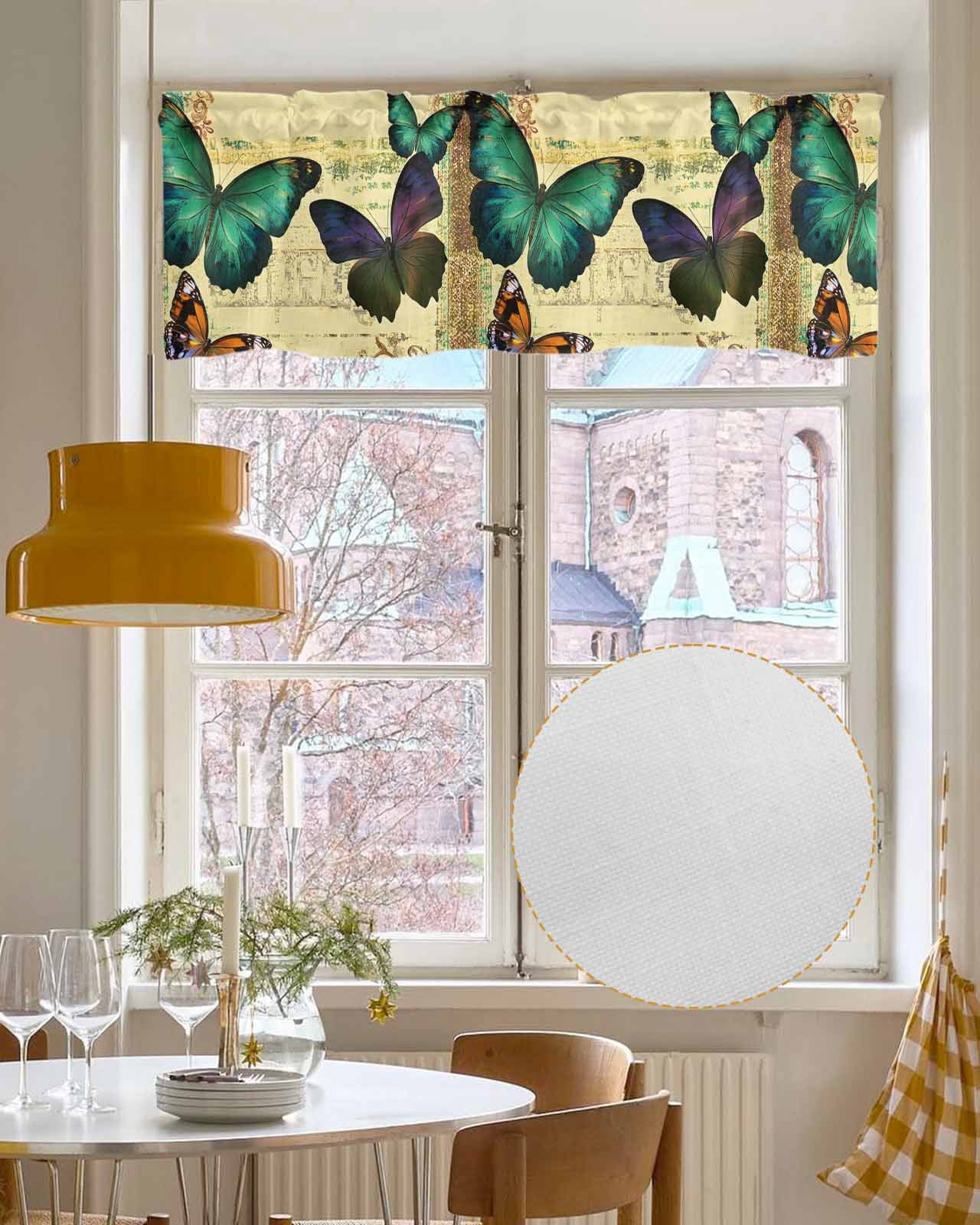 Teal Retro Butterfly Kitchen Valances for Windows Farmhouse Linen Window Valance Curtain for Living Room Window Treatment Vintage Summer Butterflies Valance Rod Pocket Topper Drape, 60 x 18 Inch