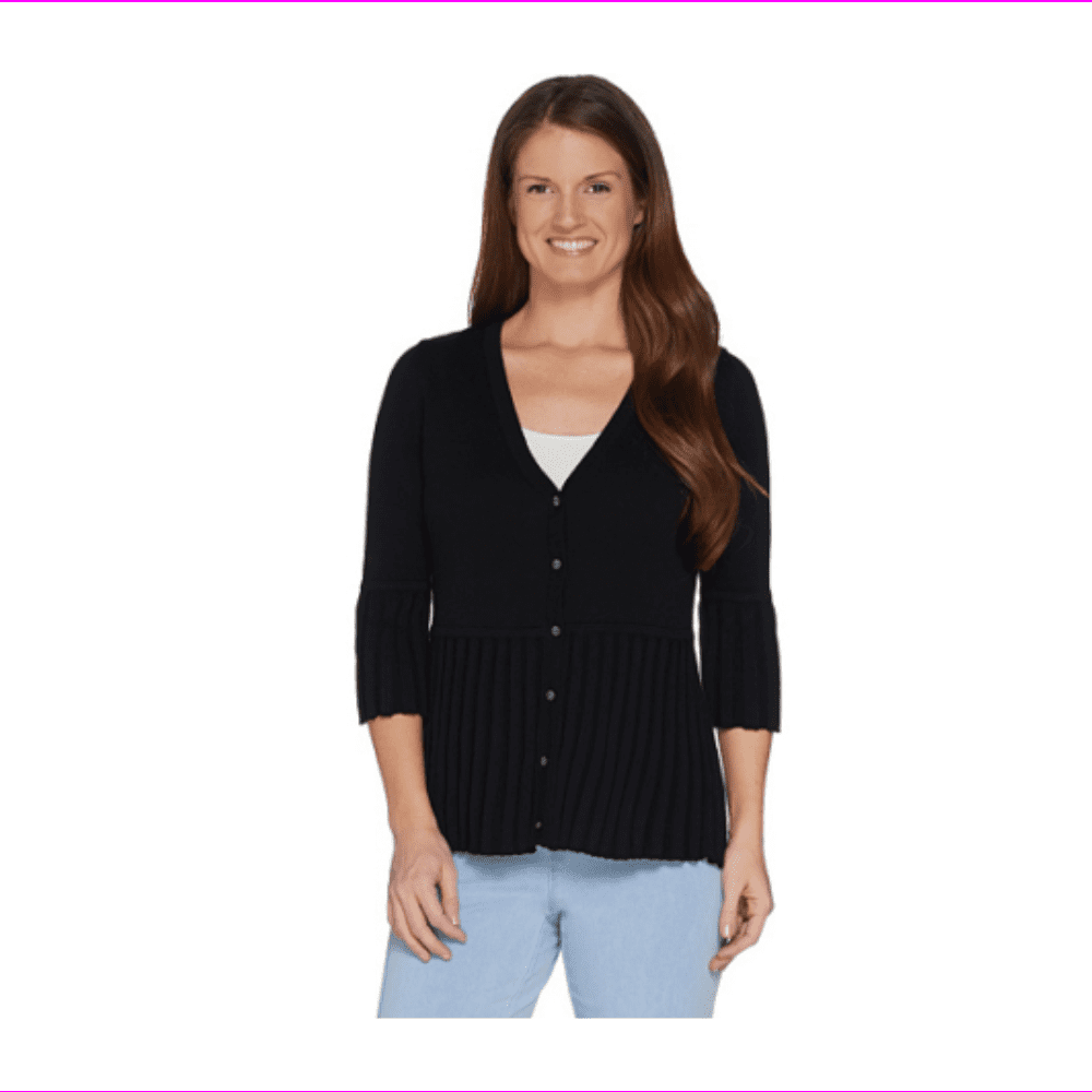 V-neck Pleated Peplum Cardigan Black 