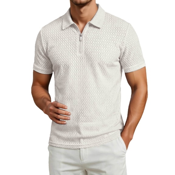 IWRICH Men's Quarter Zip Texture Polo Shirts Spring Summer Fashion Knit Tops Short Sleeve Dress Clothes White XL