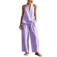 thumbnail image 2 of Karymi Womens Workout Tops 2 Piece Gingham Linen Blend Outfit Set, V Neck Sleeveless Loose Pullover Tank Top+Elastic High Waist Wide Leg Pants with Pockets Womens Tops, 2 of 7