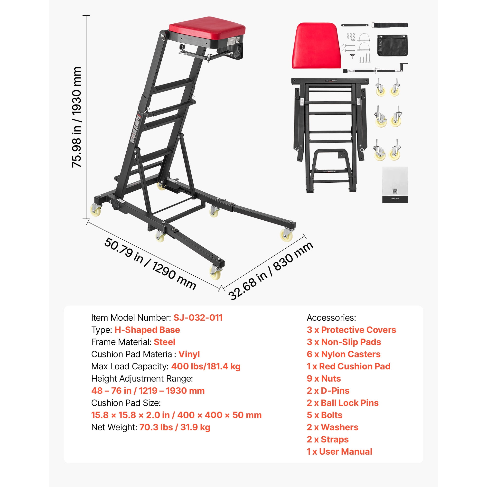 KFFKFF Adjustable Automotive Creeper 48"-76" with Folding Arm, Foldable High-Top Engine Creeper, 400LBS Capacity, Durable H-Shaped Base, 6-Wheel Smooth Mobility for Vehicle Maintenance