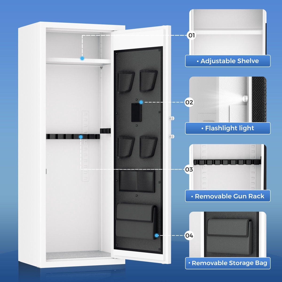 SOLAURA 10-14 Gun Safe, Quick Access Long Gun Safe for Home Rifles and Pistols, Large Gun Cabinet with Adjustable Shelves for Home, Office(Assembly Required, White)
