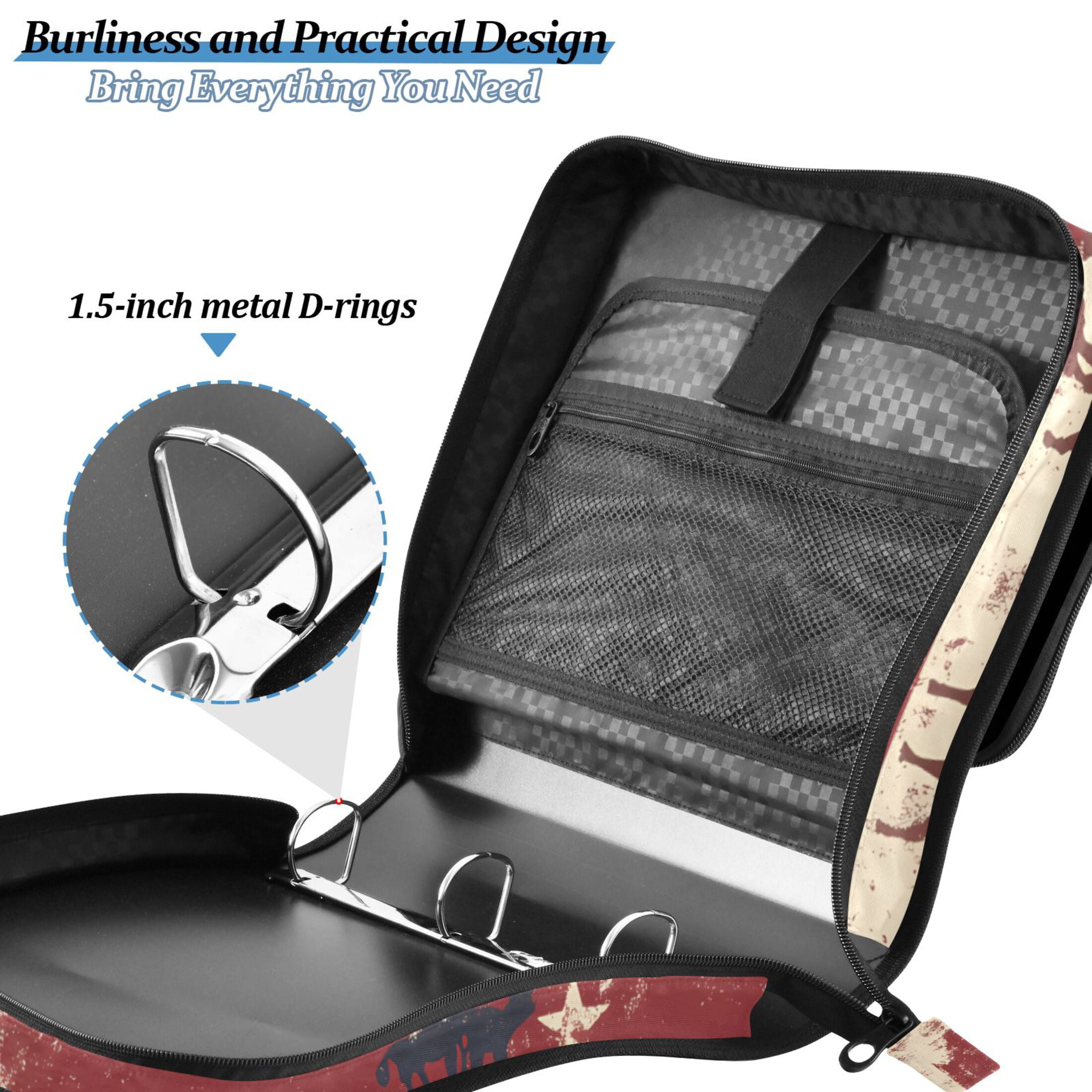 3 Ring Zipper Binder with Shoulder Strap Waterproof Trapper Keeper 2 Inch D-Ring 500 Sheets Capacity American Flag and Animals