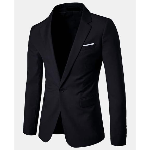 Men's Solid Black Notch Lapel Single One-Button Formal Blazer with Chest Welt Pocket and Side Flap Pockets