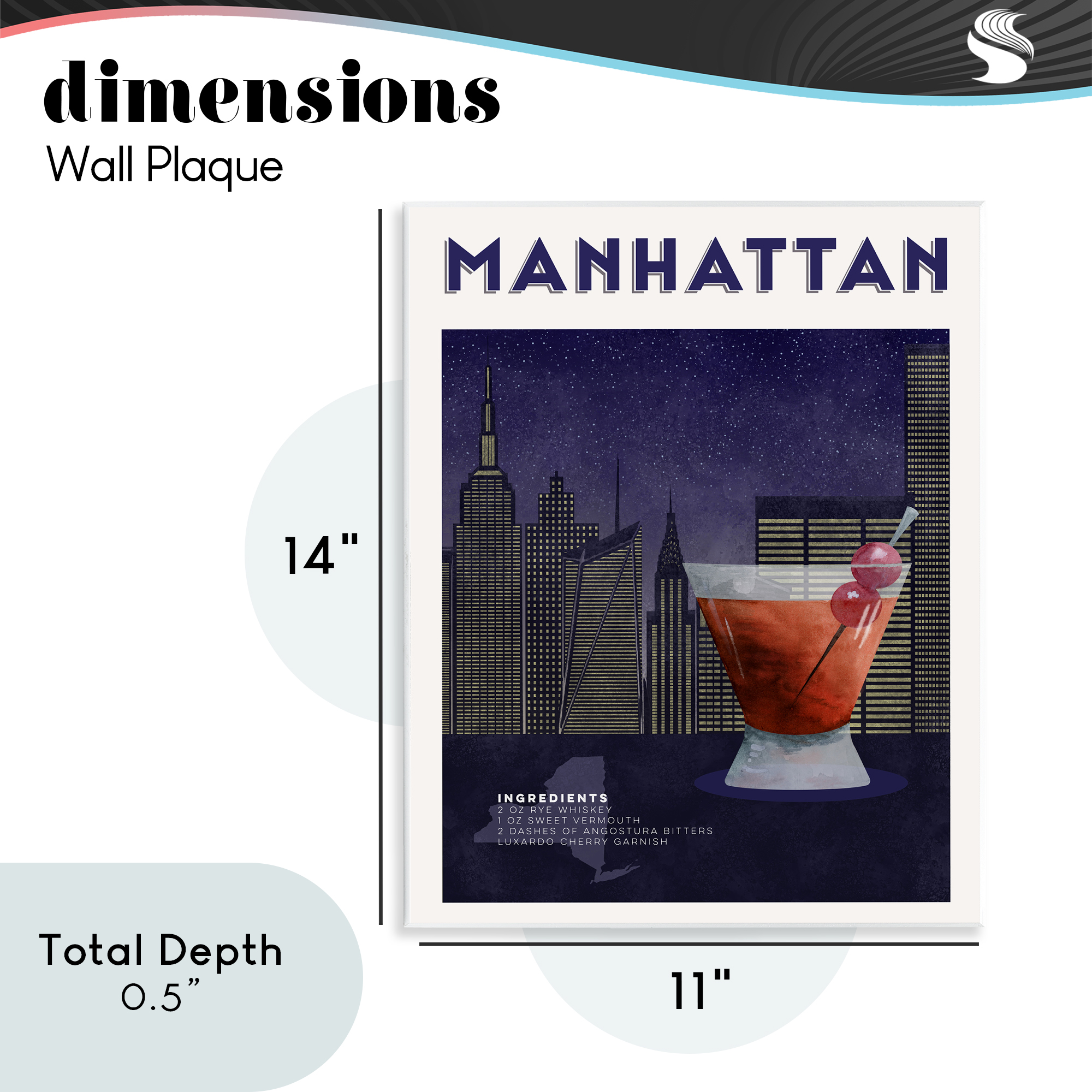 Retro Manhattan Cocktail Cityscape Wall Plaque Art, design by Brett Blumenthal