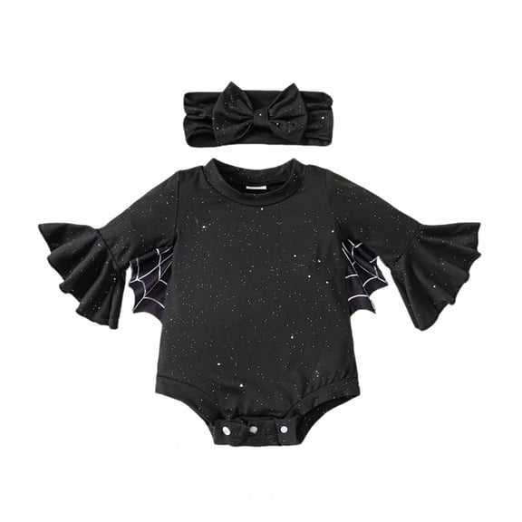 RUINIXCW Baby Girls Halloween Bat Fashion Long Bell Sleeve Spider Web Print Romper with Headband 2Pcs Outfit