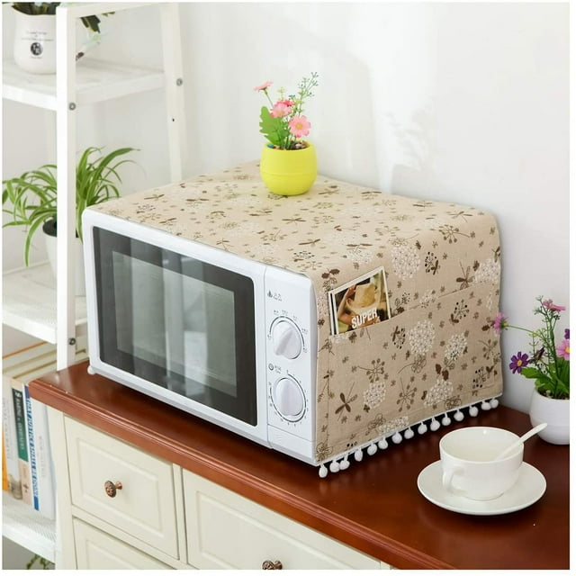 Microwave Oven Cover Dustproof, Cotton Microwave Oven Cover Dust Oil Proof Protection with Side Storage Pockets(Gray Dandelion)