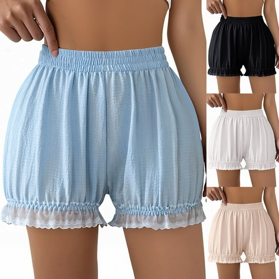 YangJinLian Ice Silk Bloomers for Women Lace Trim Plus Size Pettipants Loose Ruffle Slip Shorts Culotte White