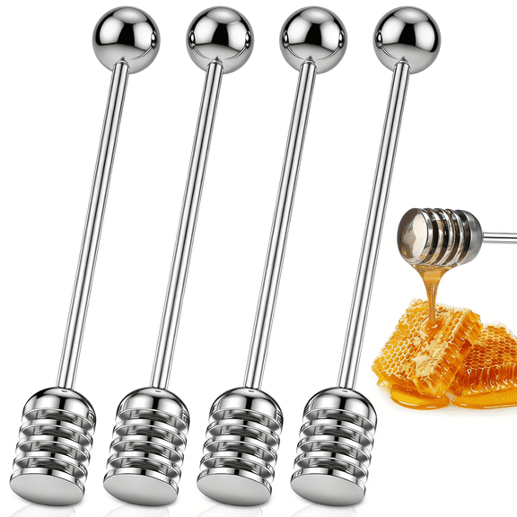 Honey Dipper Set (4 Pack, 6.1") Stainless Steel Honeycomb Stick for Honey Pot Jar Syrup Drizzler Tea and Coffee Stirrer Elegant Kitchen Utensil (Stainless Steel)