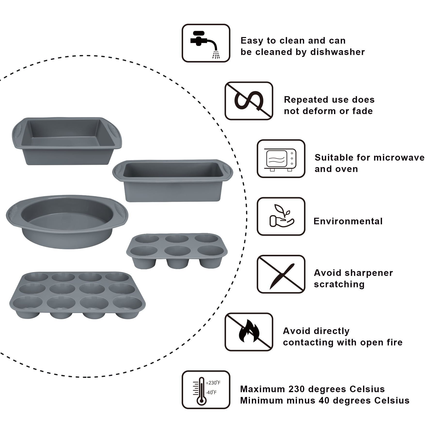 Aschef 7-Piece Non-Stick Silicone Baking Tray Set, Muffin, Loaf, Bread, Pizza, and Cake Pan-Gray