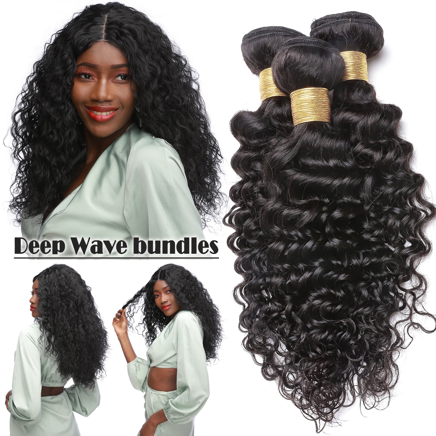 Benehair Malaysian Virgin Human Hair Extensions 1 Bundle 100g Deep Wave Hair  Weave Weft Black Women 12 inch 8A 