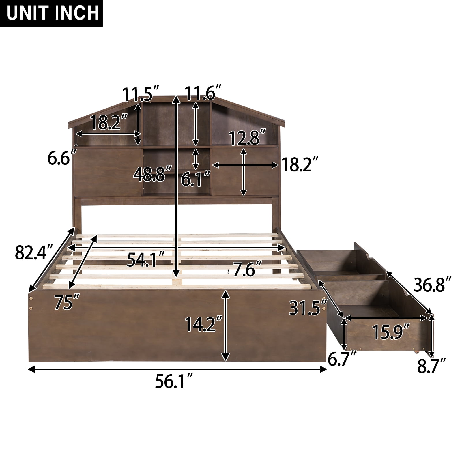 Euroco Wood Full Platform Bed with Storage Headboard Shelf and Drawers for Kids Teens, Walnut