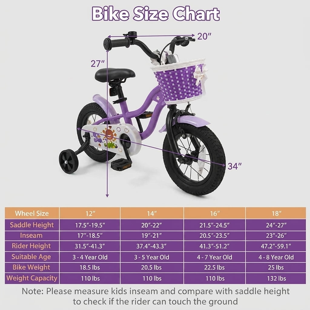 Redsmile Kids Bike 12 Inch with Training Wheels for Boys Girls Aged 3-4 Years Old, Toddler Bicycle with Adjustable Seat and Rider Height 31.5"-41.3", 110 lb Capacity, Purple