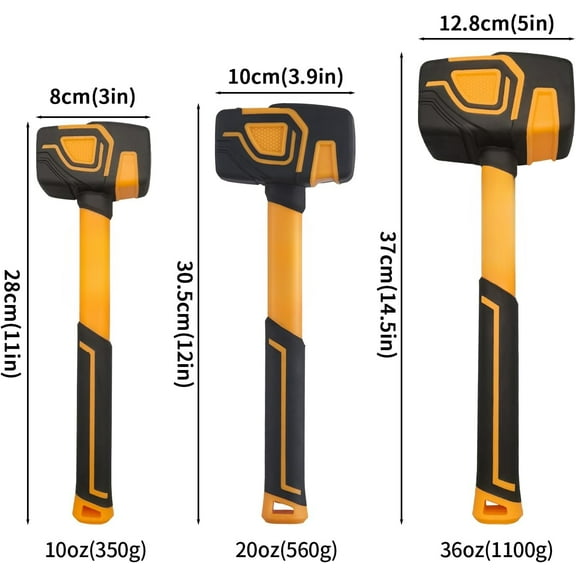 3-Piece Rubber Mallet Hammer Set, Includes 10oz 20oz 36oz Soft Head Hammers with Hook, Durable Solid Head & Comfort Grip Handle for Woodworking & DIY Projects