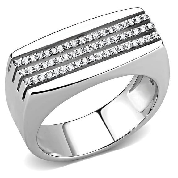 Men High Polished Stainless Steel Ring with AAA Grade CZ in Clear - Size 10