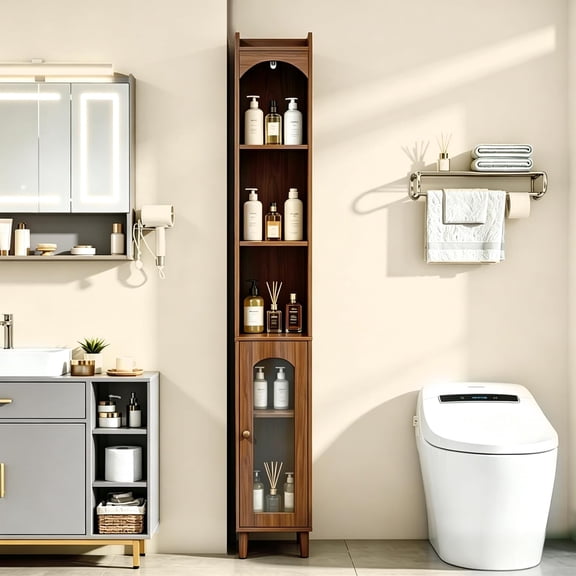 68.9" Tall Linen Cabinet for Small Spaces, Narrow Bathroom Cabinet with Adjustable Shelves and Door, Walnut