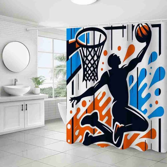 70x70 inch Basketball Slam Dunk Silhouette Shower Curtain, Waterproof Polyester Fabric with Hooks for Bathroom Decor