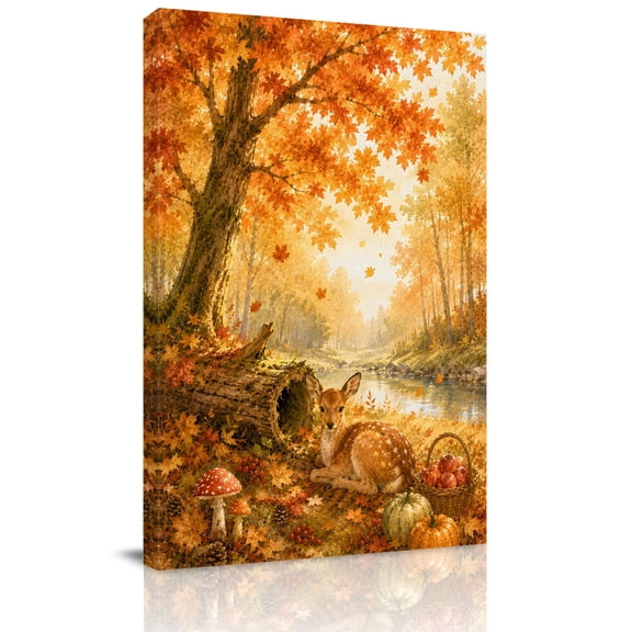 Canvas Wall Art, Fall Deer Framed Canvas Prints for Kitchen Bedroom, Retro Country Wildlife Maple Pumpkins Small Gallery Wrapped Wall Decor for Home Office, Gifts, 8"x12" Ship Next Day