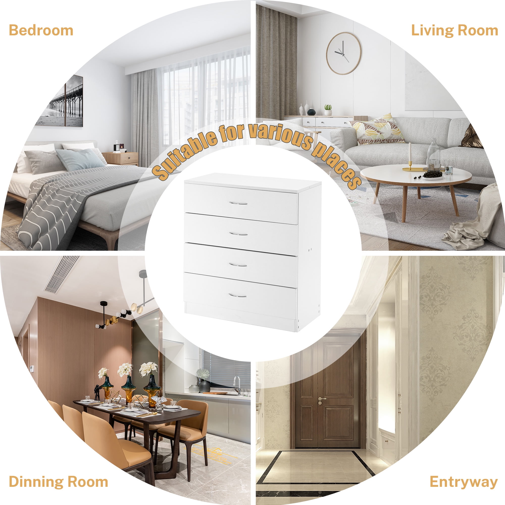 PAPROOS Modern White 4 Drawer Dresser, Chest of Drawers for Bedroom, Storage Cabinet Nightstand Dresser Organizer Unit with Handle for Living Room, Closet, Hallway