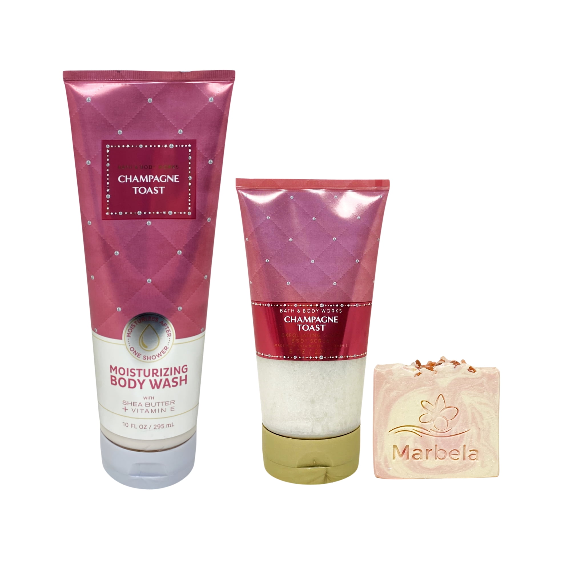Bath & Body Works Champagne Toast Moisturizing Body Wash and Exfoliating Glow Body Scrub with a Himalayan Salts Springs Bar Soap