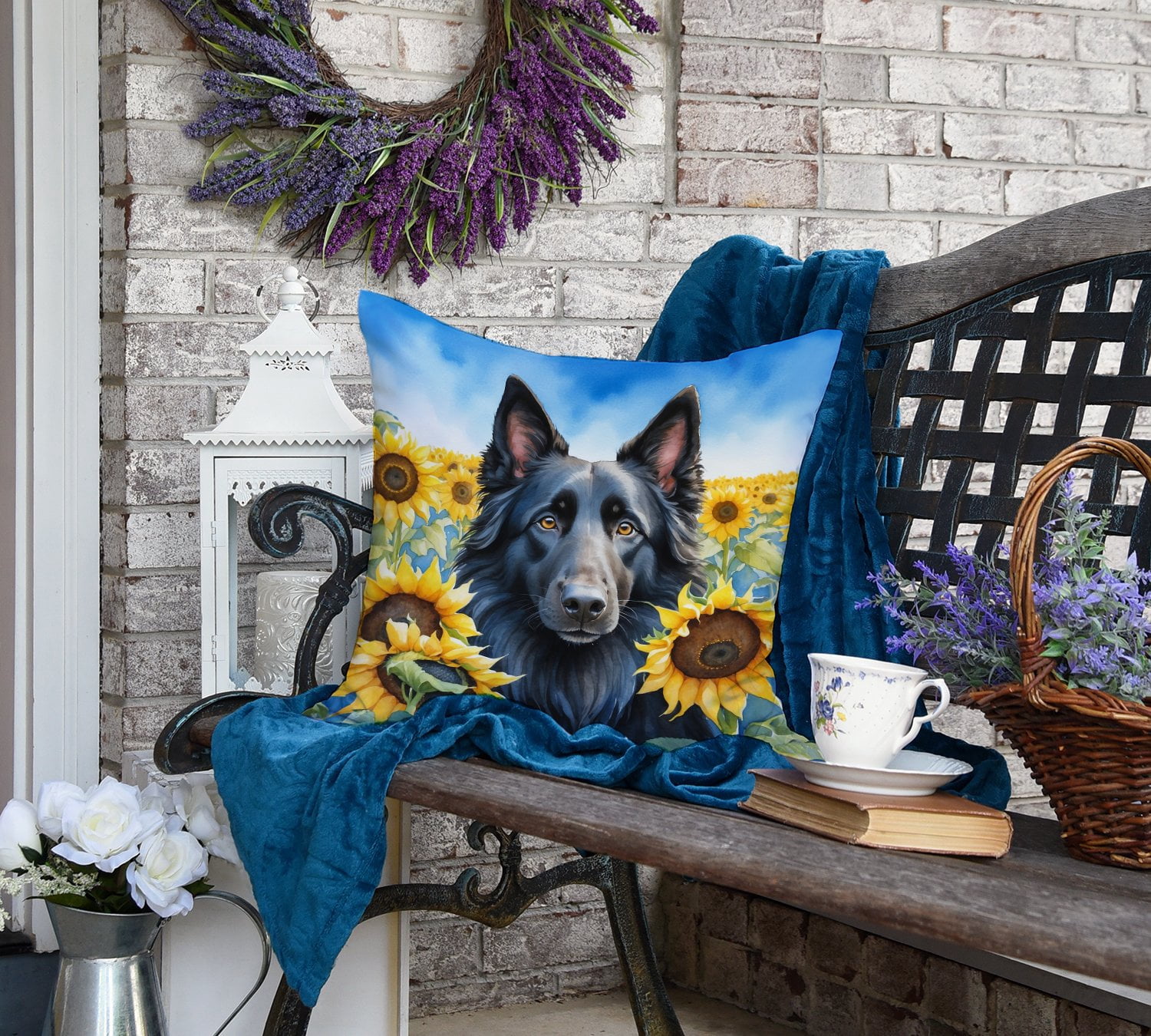 Belgian Sheepdog in Sunflowers Throw Pillow 18 in x 18 in