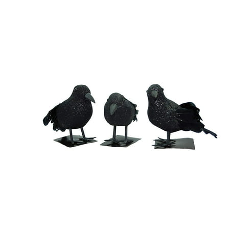 Black Glittered Small Halloween Crows- 3 Pc Black Birds with Real Feathers for